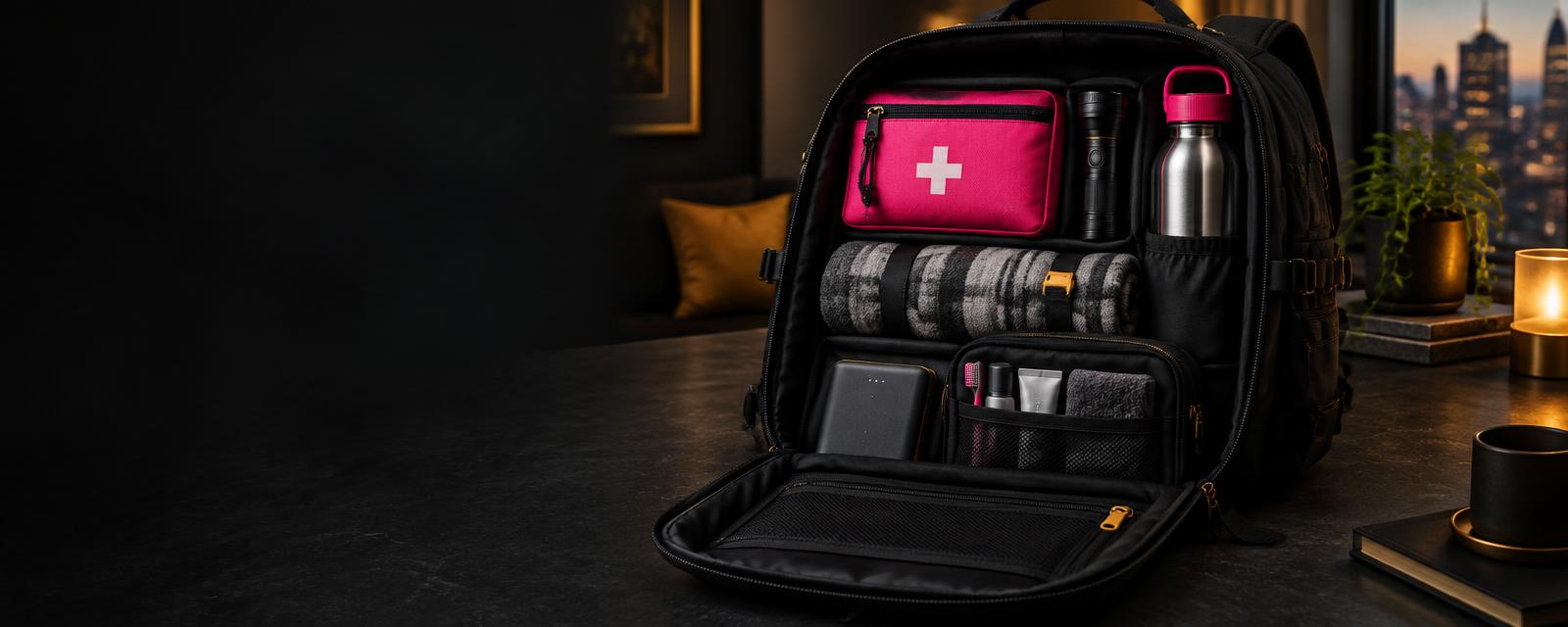 Open preparedness backpack organized with first-aid pouch, water, and useful gear