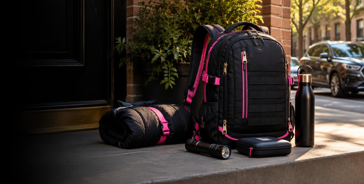 Packed black go-bag with practical supplies at an urban doorway