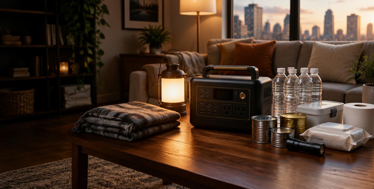 Lantern, backup power, and water ready in a city apartment